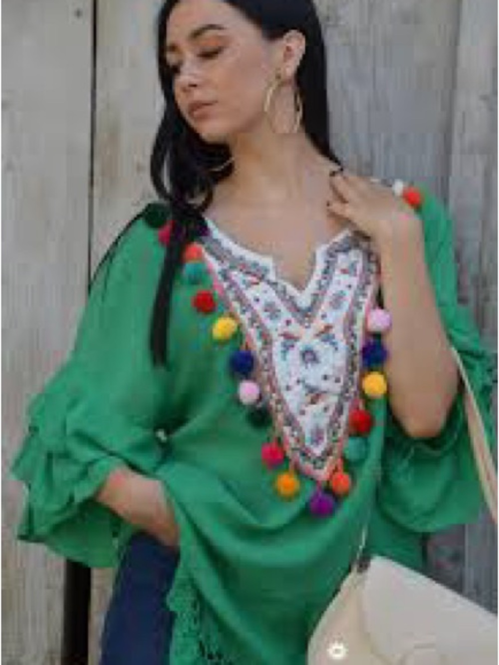 Embroidered Green Pom-Pom V-Neck Boho Top